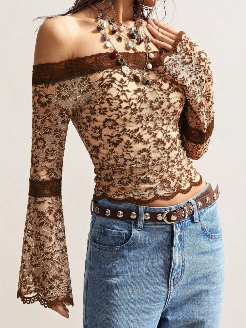 Brown Boho Casual Women's Knit Off-Shoulder Flare Long Sleeve Fitted Top